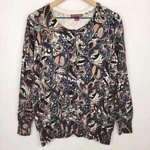 Jessica London Cardigan Sweater Womens 14/16  Brown Cotton Paisley Boho Chic